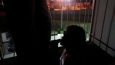 Greedy Wife Gives Sloppy Balcony Blowjob Swallowing All Cum